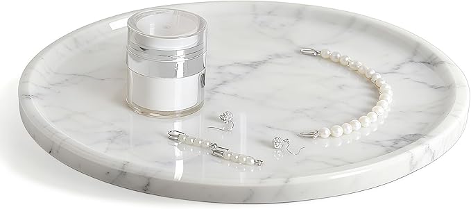 Marble Tray, White Bathroom Countertop, Decorative Serving Tray for Kitchen Counter and Coffee Table, Round Vanity Trays for Skincare and Perfume, Italian Statuario Natural Marble, 11.8