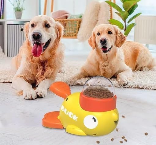 Cat Dog Automatic Feeder, Yellow Duck Shaped Pet Food Dispenser, Healthy Diet Pet Feeder,Slow Feeder Puzzle Toy, Press and Rotate to Dispense Food;