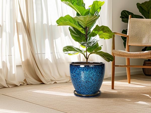 10 Inch Ceramic Planter Pot Round Plant Pot for Indoor Plants Outdoor Large Flower Pot with Drainage Hole and Saucer Blue