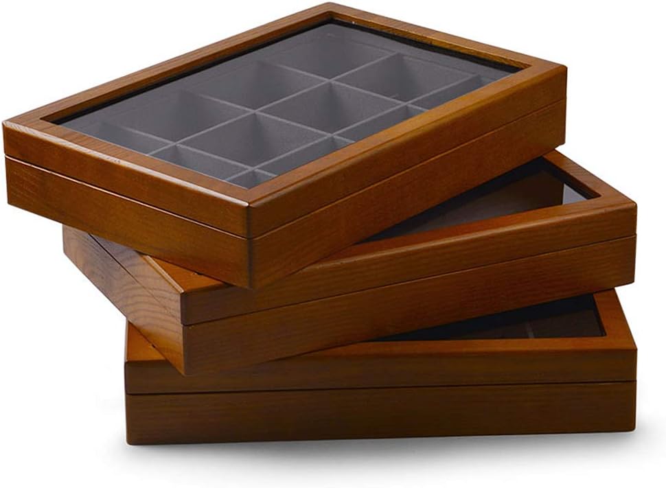 Oirlv 12 Grids Vintage Solid Wood Jewelry Box Microfiber Lining Earrings Bracelets Necklace Storage Jewelry Drawer Organizer Tray with Lid