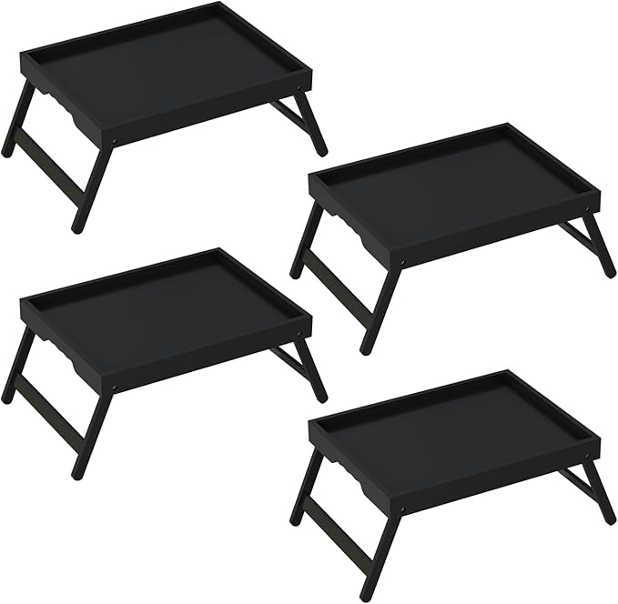 Youpehom Bed Tray Table with Folding Legs, Bamboo Breakfast in Bed for Kitchen Serving Tray, Sofa, Eating, Used As Laptop Desk Snack Tray (4 Pack, Black Color)