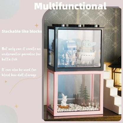 Small Betta Fish Tank, Stackable Mini Aquarium Tank Kit with Aquarium Gravel & Forest Micro Landscape, 0.6 Gallon Acrylic Cube Fish Bowl for Sea Monkeys Shrimp Snails (Pink)