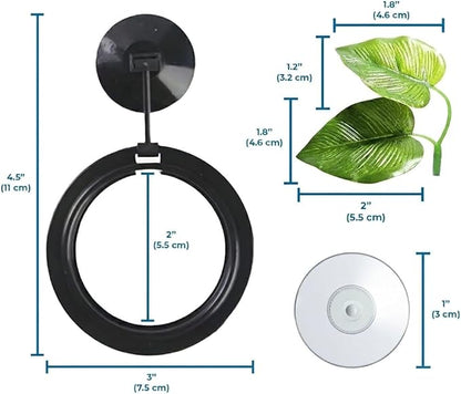 SunGrow Betta Ring and Leaf Hammock, Faux Fish Leaf Pad with Suction Cup, Spawning Ground, Breeding, and Resting Bed, Feeding Spot, Hideout Ornament and Aquarium Décor, Black Circle Fish Feeder, 2 Pcs
