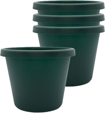 The HC Companies 8 Inch Prima Round Planter Pots with Drainage Holes and Rolled Rim, Lightweight UV-Resistant Plastic Indoor & Outdoor Planters, 4-Pack Flower Pots for Garden & Home Decor, Evergreen