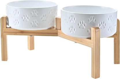 SPUNKYJUNKY Elevated Dog Bowls Ceramic, 7.3'' Dogs Food Water Bowls Raised with Non-Slip Bamboo Stand for Medium to Large Sized Breed Microwave Dishwasher Safe - 42 OZ,Paw White