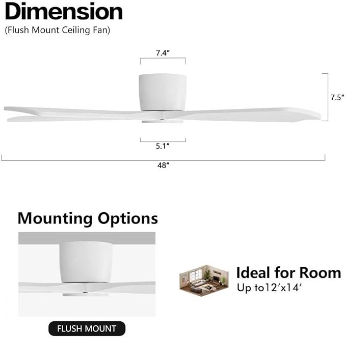 WINGBO 48" Flush Mount DC Ceiling Fans Without Lights, 5 Carved Solid Wood