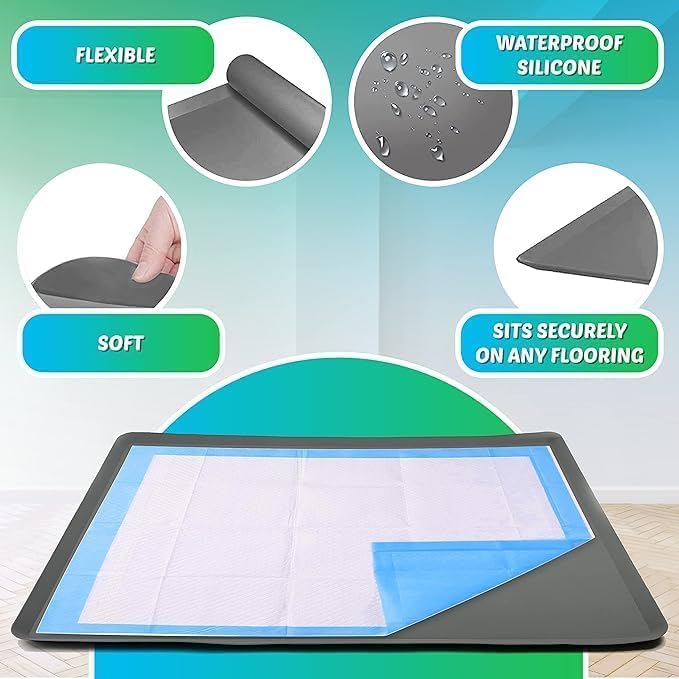 Skywin Dog Pee Pad Holder - Fits Up to 30” x 36” Pee Pad - 2 Pack - Grey | Stable Grip, Soft Edges, Quick Wipe Silicone Surface, Dog Pad Holder for Indoor Flooring Protection