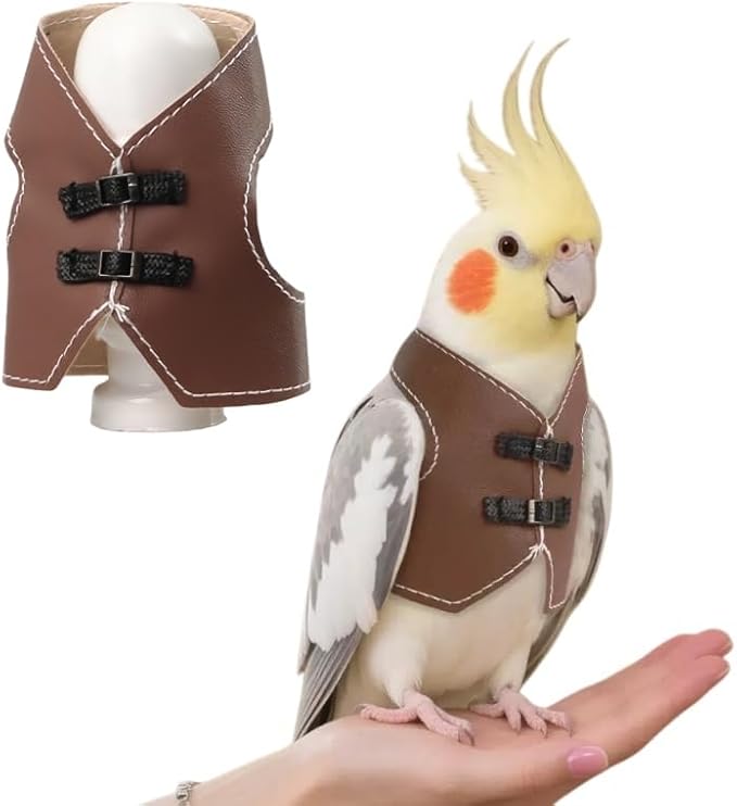 Bird Clothes, Parrot Leather Jacket, Bird Costume Cosplay Photo Prop, Parrot Apparel for Eclectus, Budgerigar, African Greys Parakeet, Conure, Cockatiel, Love Birds-Cowboy Style,Brown,M