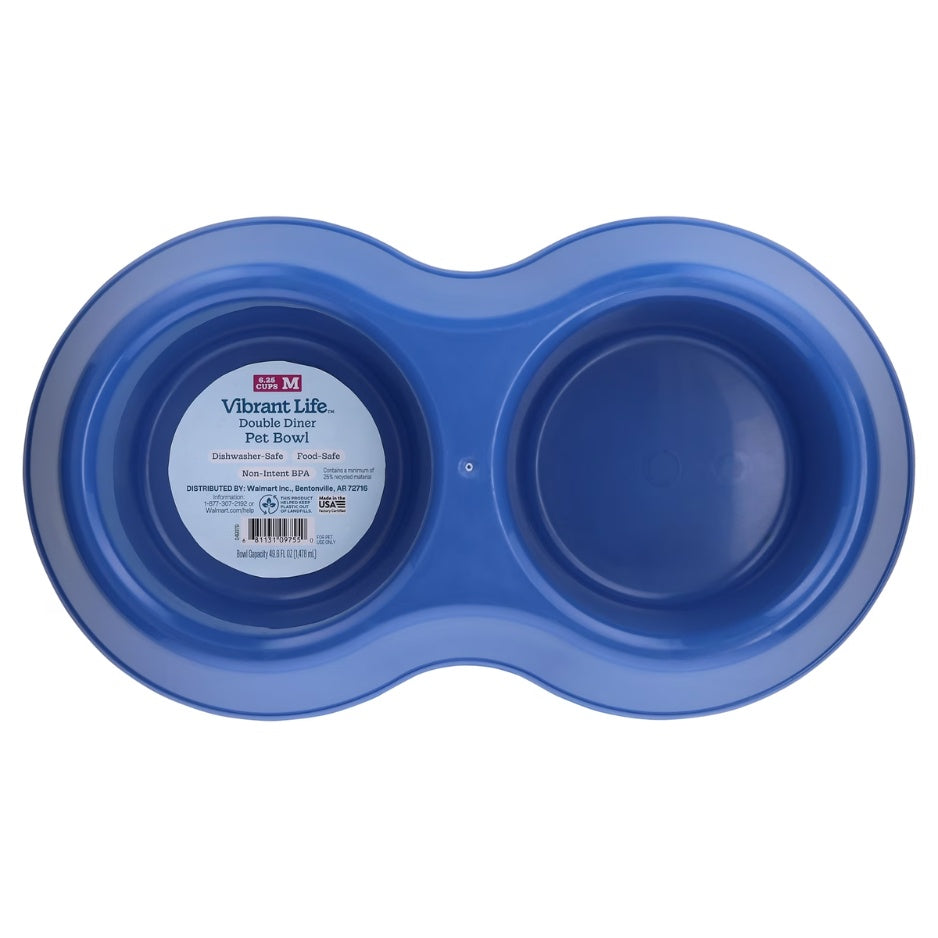 Vibrant Life Medium Cup Double Diner Pet Bowl Blue