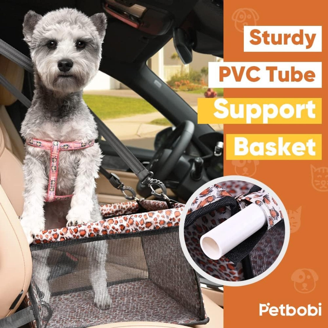 Small Dog Car Seat, Dog Car Booster Seat For Small Medium Dogs Foldable Front Seat Safety With Sturdy PVC Tube Frame, Breathable Mesh