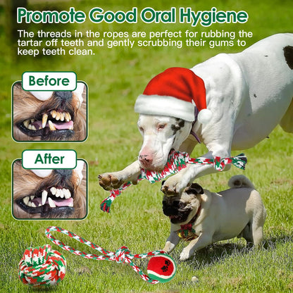 Set Of 5Pcs Christmas Dog Rope Chew Toys Dog Interactive Toys Set For Puppy Small Medium Aggressive Chewers Dogs Training Teething Playing