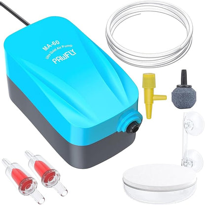 Pawfly Aquarium Compact Air Pump 15-40 GPH Quiet Oxygen Pump for 3-20 Gallon Fish Tanks Aerator Pump with Air Stone Disc Nano Bio Sponge Filter Airline Tubing and Check Valve Accessories