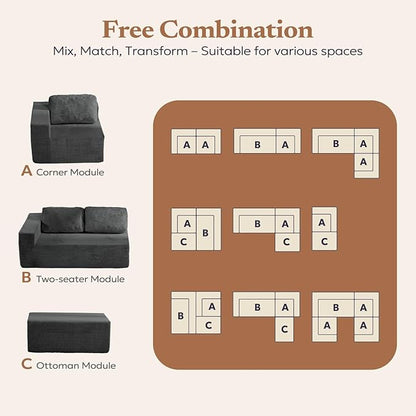 Loveseat Sofa, Cloud Modular Sofa Couch, Upholstered Floor Sofa with Deep Seat, Upholstered Foam Couch for Bedroom Living Room, No Assembly Required (Corduroy Fabric, Grey)