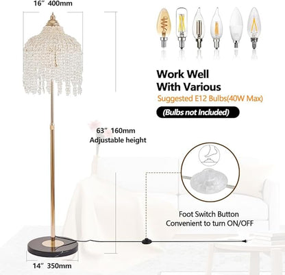 Vintage Style Floor Standing Lamp, Waterfall Design with Grape-Shaped Tall Gold Pole Light, Modern Dimmable Crystals Standing Lamps (Gold + Iron-7)