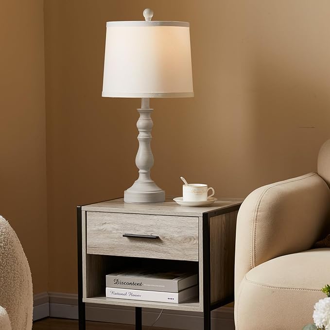 23'' Farmhouse Table Lamps for Living Room Set of 2 with USB C+A Ports, Retro Bedside Lamp for Bedroom, Office, Dining Room, Knob Switch, 3 Color Temperatures, Bulb Included, Beige