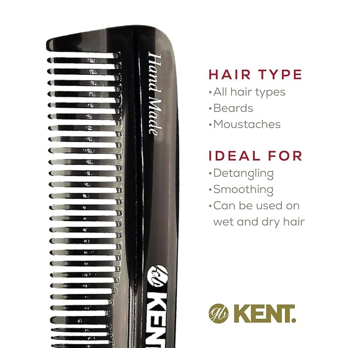 Kent R7T Fine and Wide Tooth Hair Comb, Handmade Pocket Comb for Men, Best Beard and Mustache Comb for Everyday Grooming and Styling, Sawcut, Made in England