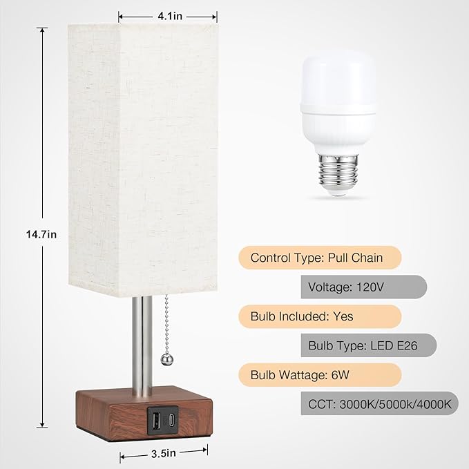 aooshine Red Brown Small Table Lamp for Bedroom - 3 Color Temperature 3000K 5000K 4000K Bedside Lamp, Pull Chain Control, USB A and C Ports, Pure Gold Color Base, Bulb Included