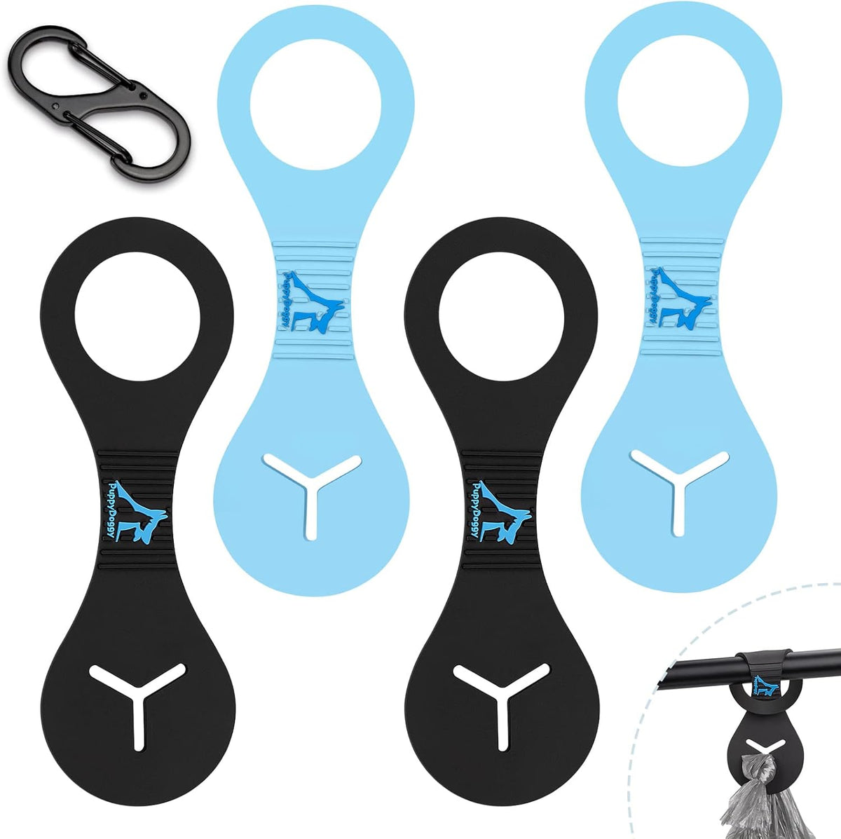 PuppyDoggy Dog Poop Bag Holder for Leash Waste Bag Carrier Dog Poop Bag Dispenser for Walking Running Bicycle Accessory 4 Pieces (Black + Blue)