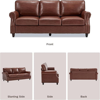 WILLOVE Faux Leather Sofa, Mid Century Modern Couch with Rolled Arm & Nailhead Trim for Living Room, Office - Retro Brown