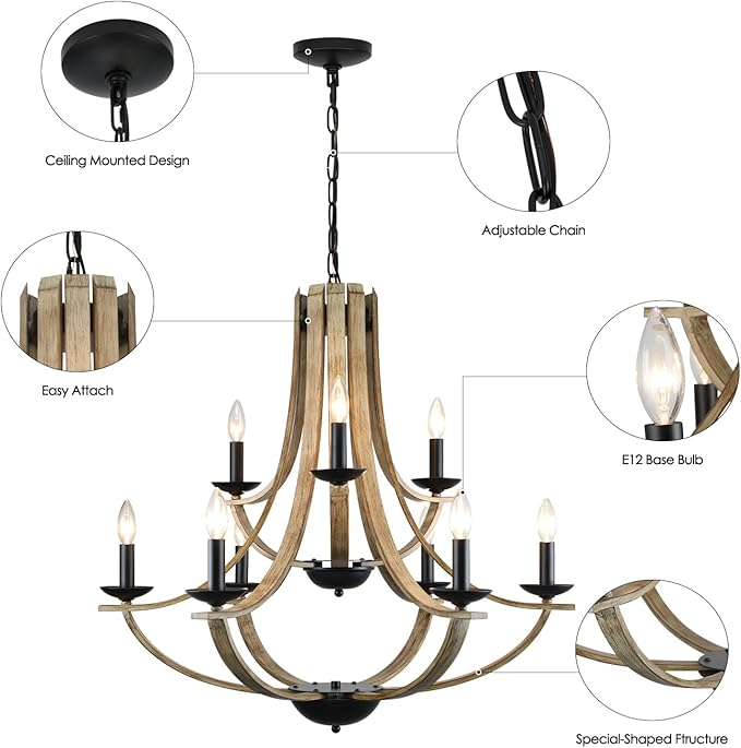 Farmhouse Chandeliers for Dining Room Light Fixture, 9-Light 31" Adjustable Height Retro Faux Wood Texture Rustic Light Fixtures for Living Room Bedroom Kitchen Island Foyer Entryway