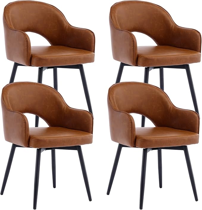 DUOMAY Swivel Dining Arm Chair Set of 4 PU Leather Upholstered Side Chair Modern Accent Guest Chair Home Office Desk Chair for Dining Room Living Room Office, Brown