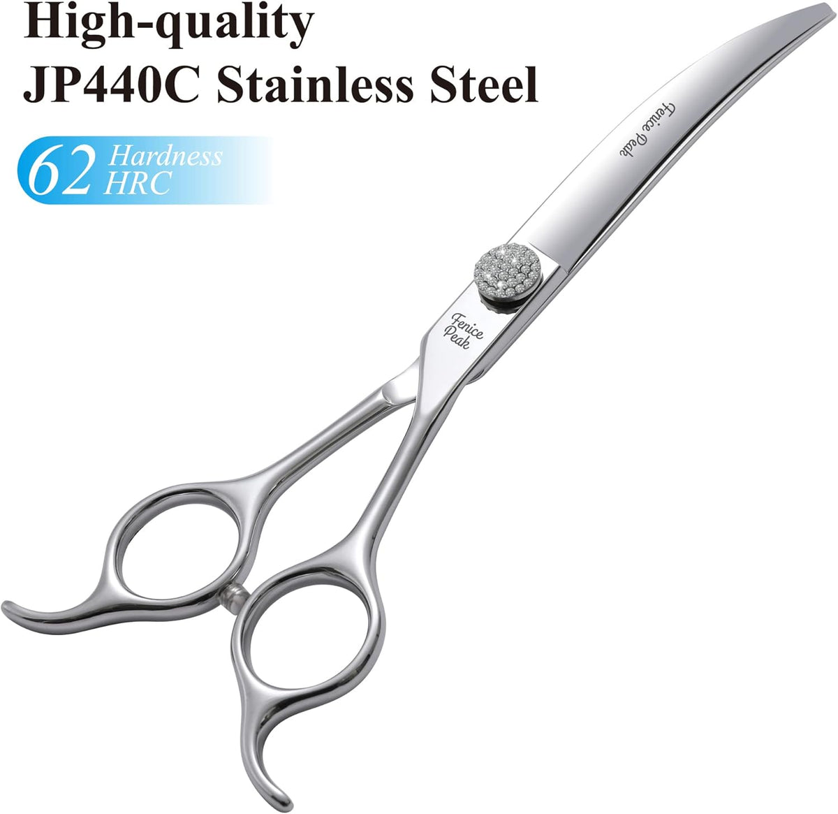 Fenice Peak 7.5‘’ Super Curved Dog Grooming Scissors with Jewelled Screw 440C Stainless Steel Pet Grooming Bending Scissors with Symmetrical Handle for Groomer and Home User