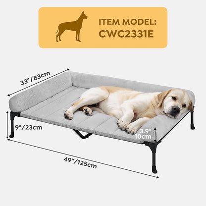 Veehoo Orthopedic Elevated Dog Bed with Fluffy Plush Bolster Cushion, Indoor Raised Dog Beds for Large Dogs, Soft Pet Sofa Cot with Removable Washable Mat, No-Slip Feet, 49 x 33 inches, Grey