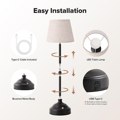 2 Pack Cordless Table Lamp, Rechargeable Desk Lamp with Fabric Shade, Battery Operated Lamp 3 Color Stepless Dimming, Small Touch Bedside Lamp Home Decor for Dining, Counter (Matte Black)