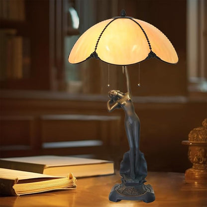 TL0033 Tiffany Style Table Lamp Stained Glass Umbrella Shade with Lady Sculpture Base W 15.75 X OH 27 Inches, Art Nouveau Lamp for Home Office, LED Bulbs Included