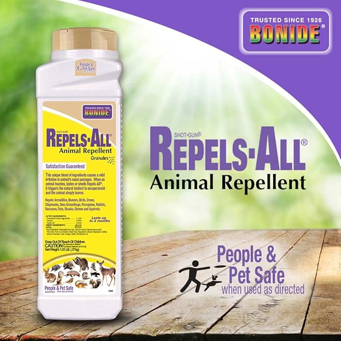 Bonide Repels-All Animal Repellent Granules, 1.25 lbs. Ready-to-Use Pellets Deter Pests from Lawn & Garden, Long Lasting Control