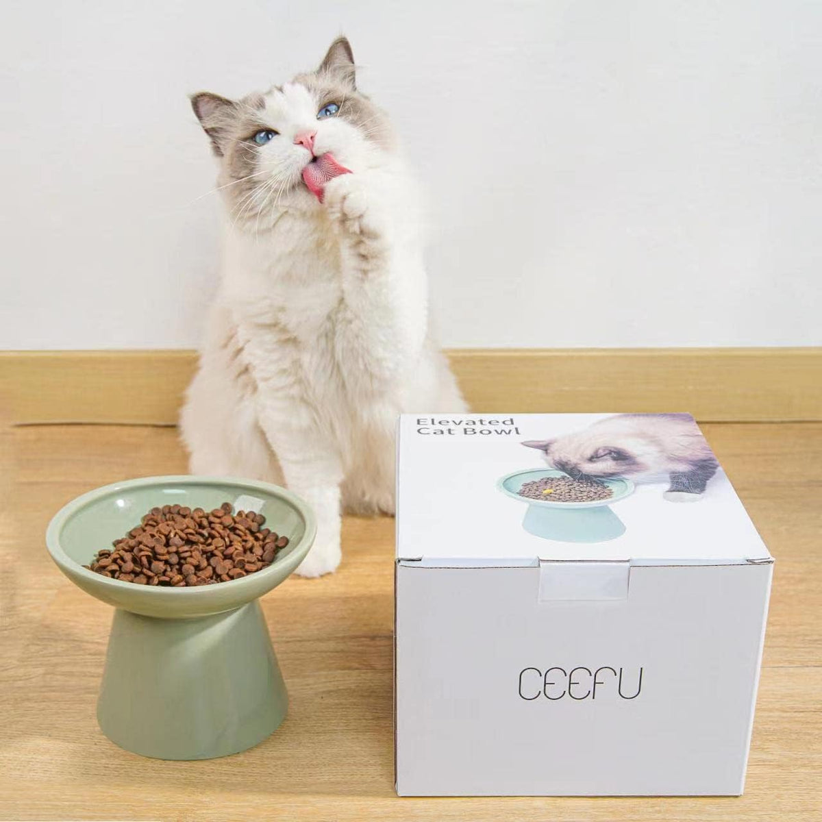 Extra Wide Elevated Ceramic Cat Food Bowl - 6.2" Shallow Dish for Whisker Fatigue Relief, 5" Height for Easy Feeding, Lead & Cadmium Free, Durable Raised Cat Food Bowls, Sage Green