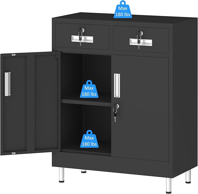 Metal Storage Cabinet with Locking Doors and 2 Drawers, Lockable Storage