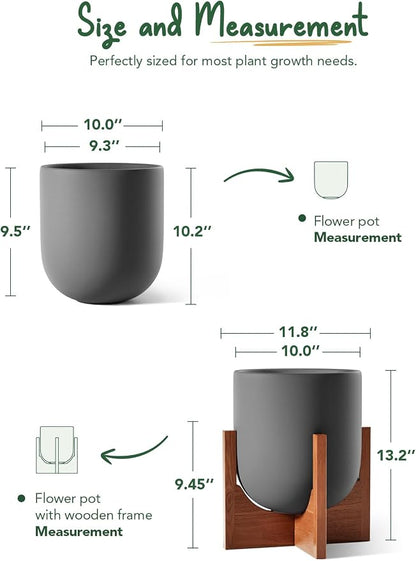 LE TAUCI 10 Inch Plant Pot with Acacia Wood Stand, Ceramic Planters for Indoor Plants, Plant Pots Indoor for Home Decor, Mid-Century Modern Pots for Plants with Drainage Hole and Plug, Charcoal Gray