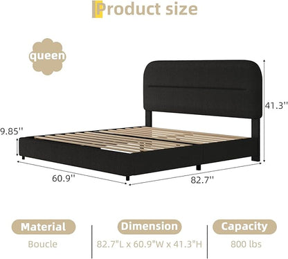 HOMBCK Bed Frame Queen Size, Boucle Upholstered Platform Queen Bed Frame with Headboard, Soft Headboard with Rounded Corners Design, Wood Slats, No Box Spring Required, Easy Assembly, Black
