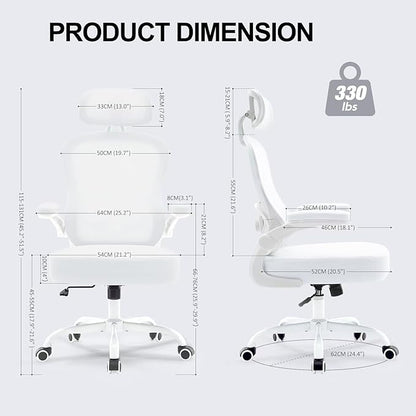 TUKAKA Ergonomic Office Chair,Ultra Thick Office Desk Chair with Adjustable Lumbar Support and Headrest,Spring Cushion,Rocking Function,Flip-up arms,Mesh Computer Chair for Home Office,White