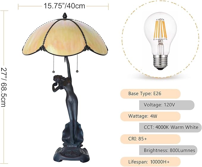 TL0033 Tiffany Style Table Lamp Stained Glass Umbrella Shade with Lady Sculpture Base W 15.75 X OH 27 Inches, Art Nouveau Lamp for Home Office, LED Bulbs Included