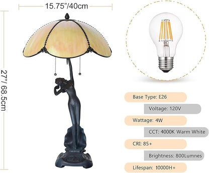 TL0033 Tiffany Style Table Lamp Stained Glass Umbrella Shade with Lady Sculpture Base W 15.75 X OH 27 Inches, Art Nouveau Lamp for Home Office, LED Bulbs Included