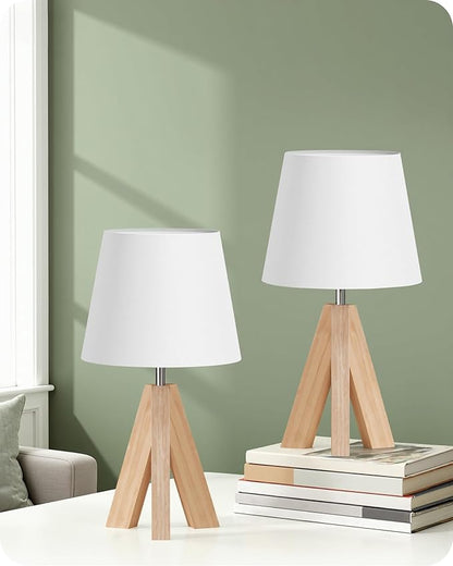 Wood Bedside Lamps Set of 2, Small Tripod Table Lamp, Modern Nightstand Lamp with Fabric Shade, Boho Bedside Wood Desk Lamp for Bedroom, Kids Room, Living Room, Study, White W51TLP205