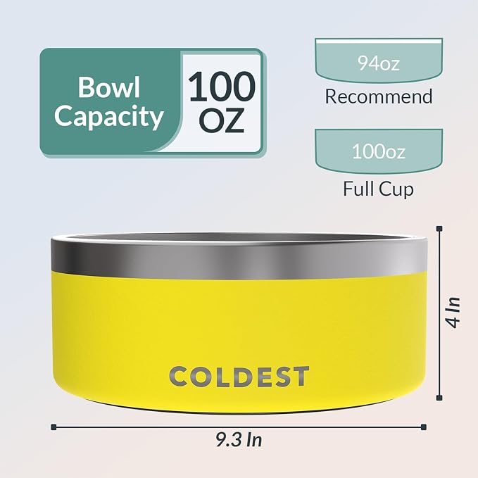Coldest Dog Bowl - Anti Rust Metal, Non Slip, 3 Layers Insulated Stainless Steel Dog Bowls - Spill Proof & Heavy Duty - Water Bowl for Dogs, Cats & Pets, Dish Washer Safe (100 oz, Solar Yellow)