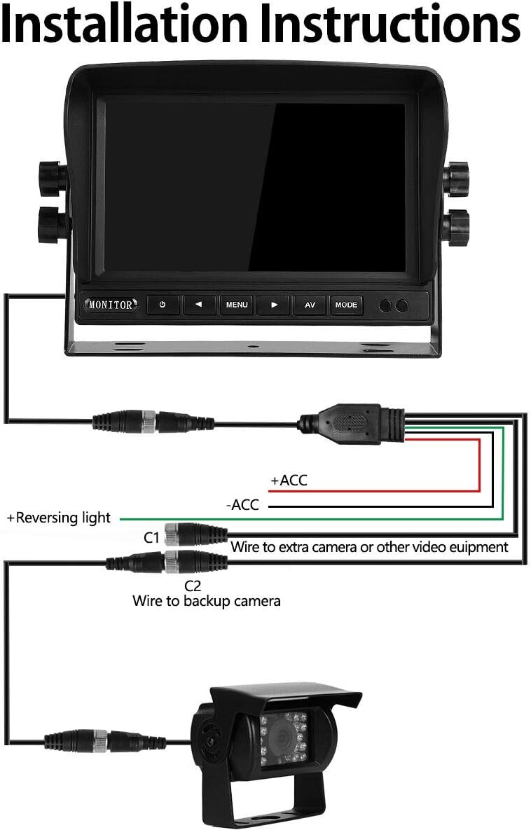 RV Backup Camera and Monitor Kit(12-24V) 7inch HD Monitor Reversing +2 Rear View Camera 170°Wide Angle,18IR Night Vision,Waterproof IP68，Dual Back up Camera for Truck/Trailer/Van/Camper/Vehicles.