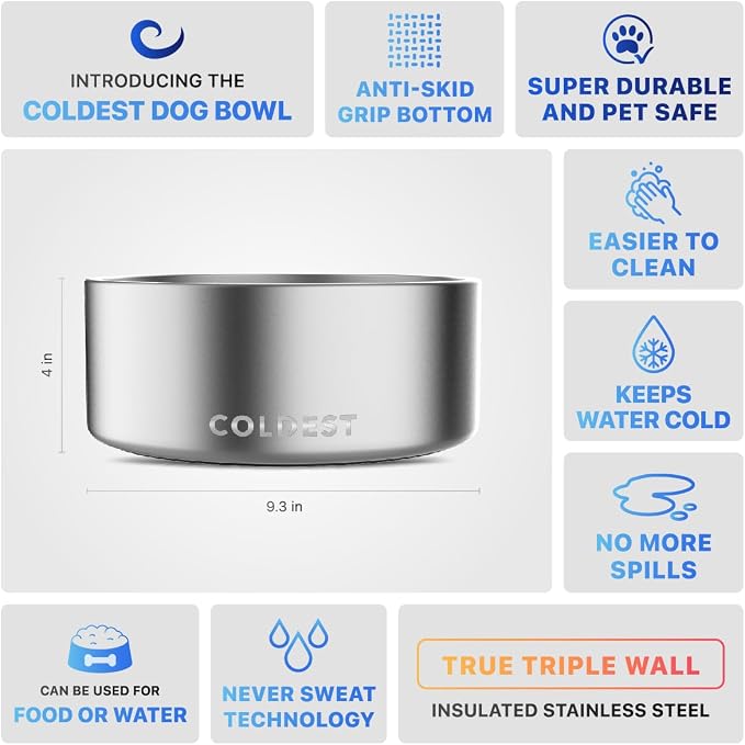 Coldest Dog Bowl - Anti Rust Metal, Non Slip, 3 Layers Insulated Stainless Steel Dog Bowls - Spill Proof & Heavy Duty - Water Bowl for Dogs, Cats, Dish Washer Safe (100 oz,Polished Stainless Steel)