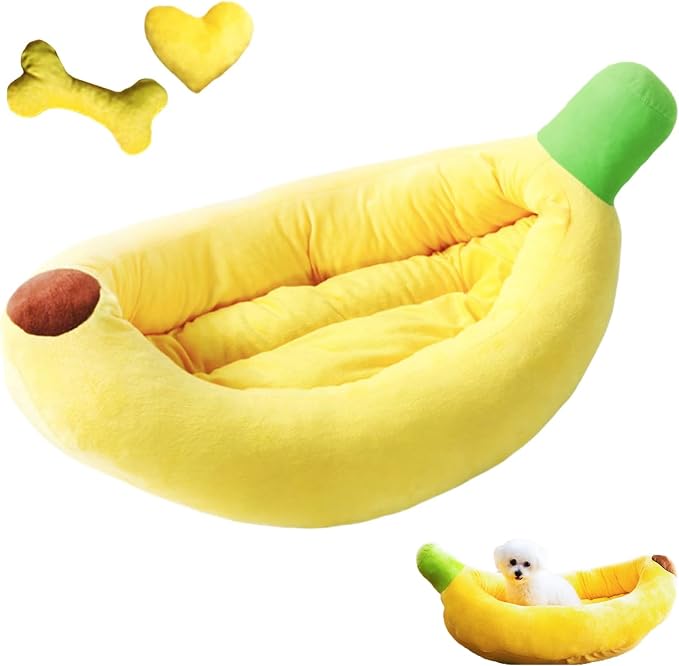 Banana Pet Bed for Small Dogs and Cats, Cozy Enclosed Calming Cave Bed with Removable Plush Cushion for Indoor Kittens Puppies Small Pets (Banana Bed + Bone Toy, Medium)