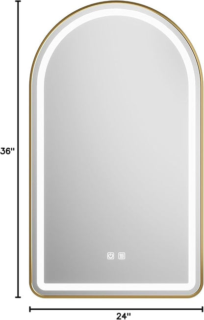 24x36 inch Gold Tempered Glass LED Arched Mirror