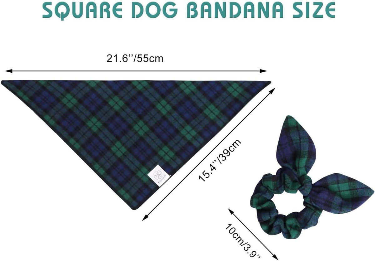 E-Clover Dog Bandanas Boy & Matching Scrunchie Set Plaid Scarf Kerchief for Small Dog Puppy Bandana Pet Owner Blue Green Fall