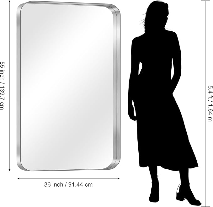 CIRCUMI Silver Bathroom Mirror, Rounded Corner, Tempered Glass, Large Mirror
