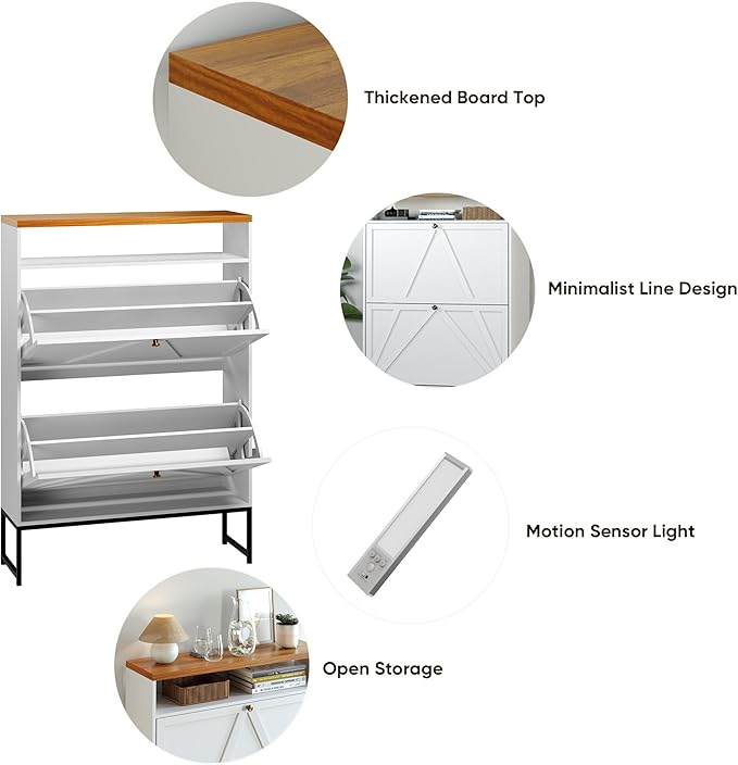 Shoe Storage Cabinet with 2 Flip-Up Doors, Freestanding Hidden Shoe Storage