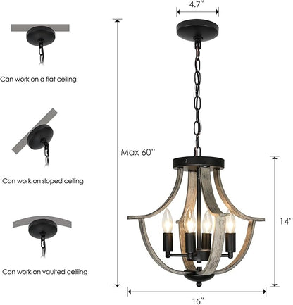 Farmhouse Chandelier, Modern Hanging Pendant Lighting, 4-Light Rustic Flush Mount Ceiling Light Fixture,Faux Wood Vintage Chandelier for Dining Room Kitchen Island Foyer Hallway Entryway Bedroom