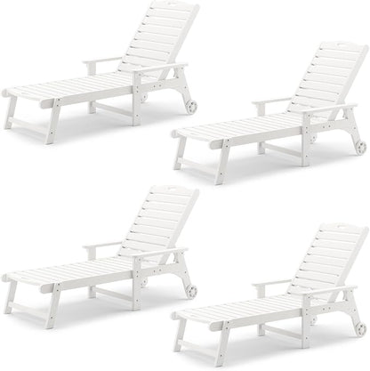 LUE BONA Outdoor Chaise Lounge Chairs Set of 4, HDPS Chaise Lounger, 5 Positions Adjustable Lounge Chairs, Pool Lounge Chair with Wheels for Poolside, White