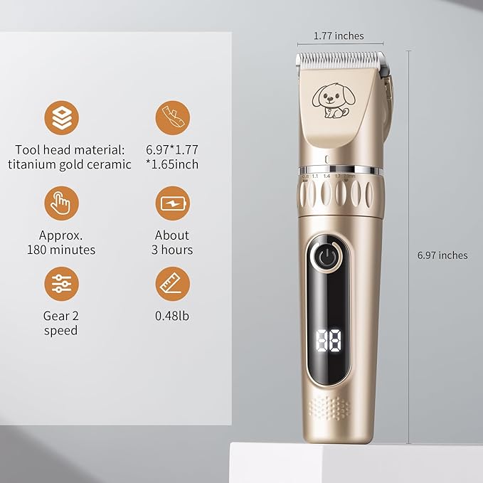 Dog Grooming Clippers, Low Noise, 2-Speed Quiet Dog Grooming Kit Rechargeable Cordless Pet Hair Clipper Trimmer Shaver for Small and Large Dogs Cats Animals