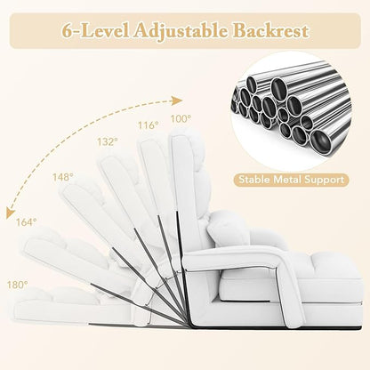 KOMFOTT Foldable Floor Lazy Sofa Chair, Indoor Chaise Lounge Chair with 6 Positions Adjustable Backrest, Detachable Seat Cushion, Armrests & Pillow, Cozy Floor Chair for Living Room, Bedroom (White)